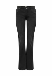Sorte denim flared jeans med tætsiddende talje, forlommer og diskret syninger. Har en klassisk metalknap og lynlås lukning.
