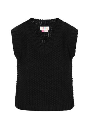 Vesta tricotată neagră, cu decolteu în V, design fără mâneci, model texturat și tiv ondulat. Prezintă o etichetă de marcă colorată în interiorul gulerului.