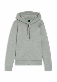 Felpa grigia con zip realizzata in morbido tessuto misto cotone, con cappuccio a coulisse, polsini a costine e logo ricamato sul petto.