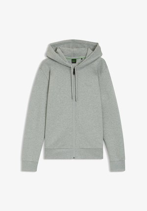 Grauer Kapuzenpullover mit Reißverschluss aus weicher Baumwollmischung, mit Kordelzugkapuze, gerippten Bündchen und einem gestickten Logo auf der Brust.
