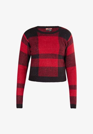 Rot-schwarz kariertes, kurz geschnittenes Sweater mit langen Ärmeln, geripptem Saum, weicher Textur und runder Ausschnitt, der einen kräftigen Farbkontrast zeigt.