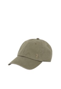 Oliwkowa bawełniana czapka z daszkiem z zakrzywionym rondem, sześcioma otworami wentylacyjnymi i małym, haftowanym logo z przodu. Regulowany pasek z tyłu.