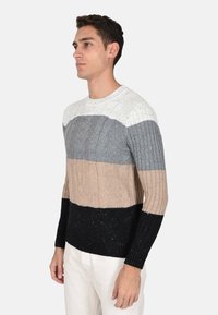 Maglione a maglia cable con strisce orizzontali in bianco, grigio, beige e nero. Polsini e orlo a coste, con filato testurizzato e chiazzato.