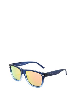 Sonnenbrille mit blauem Rahmen, farbverlaufene Arme von Blau zu Transparent und Spiegelgläsern in Gelbtönung. Mit einem Logo auf dem Arm.