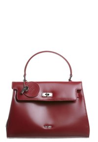 Glossy burgundy leather handbag with top handle, silver turn-lock clasp, and round leather tag with brand name.