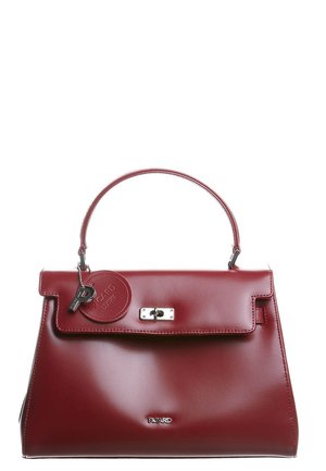 Glossy burgundy leather handbag with top handle, silver turn-lock clasp, and round leather tag with brand name.