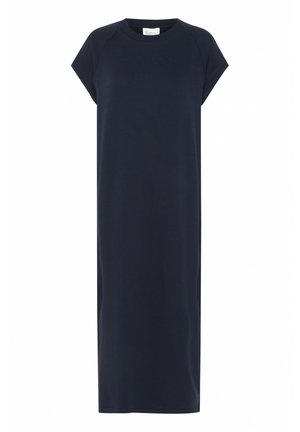 Navyblå, knælang kjole lavet af blødt stof. Har en rund halsudskæring og korte raglanærmer for en relaxed pasform.