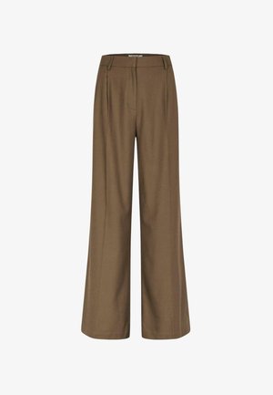 Hnědé široké kalhoty s vysokým pasem, poutky na pásek, předními záhyby a skrytým předním zapínáním.