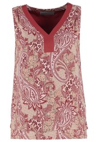Top senza maniche con scollo a V, realizzato in tessuto leggero con una fantasia paisley rossa e beige e dettagli testurizzati vicino all'orlo.