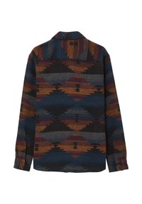 Camicia tessuta con un motivo geometrico sudoccidentale nei colori blu, nero e ruggine; presenta un colletto e polsini con bottoni.