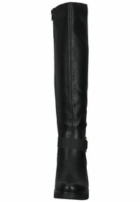 Botte haute noire en cuir avec une sangle texturée et une boucle dorée autour de la cheville, équipée d'une fermeture éclair latérale et d'une semelle basse.