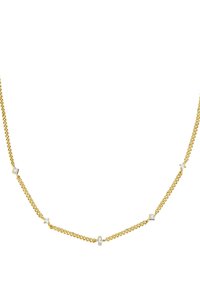 Guldkæde med en tekstureret linkdesign, prydet med spredte firkantede og runde krystalaccenter langs længden.