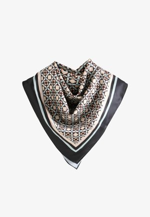 Seidenschal mit einem geometrischen Muster in Braun, Hellblau und Pfirsich auf schwarzem Hintergrund, mit einem kontrastierenden Rand und glatter Textur.