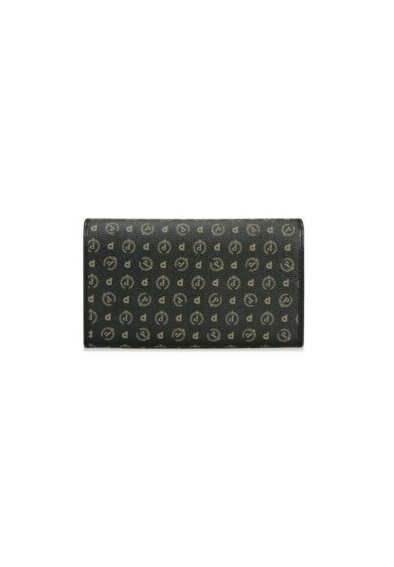 Portafoglio in pelle nera con un motivo a logo dorato ripetuto, forma rettangolare, texture liscia e bordi cuciti. Design compatto per un facile trasporto.