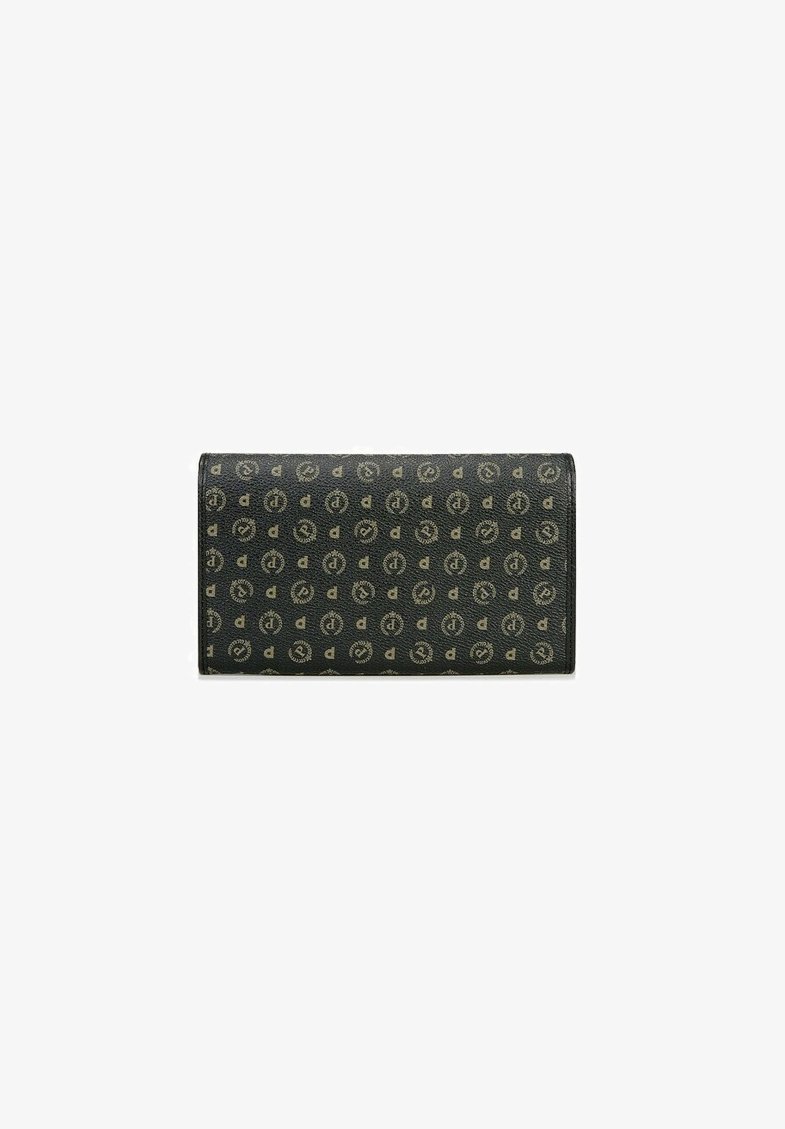 Portafoglio in pelle nera con un motivo a logo dorato ripetuto, forma rettangolare, texture liscia e bordi cuciti. Design compatto per un facile trasporto.
