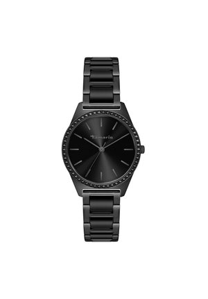 Czarny analogowy zegarek na rękę z metalową bransoletą z ogniw, okrągłą tarczą, minimalistycznymi oznaczeniami godzin oraz lunetą ozdobioną małymi czarnymi kamieniami.