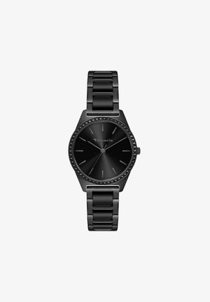 Montre analogique noire avec bracelet à maillons en métal, cadran rond, index horaires minimalistes et lunette décorée de petites pierres noires.