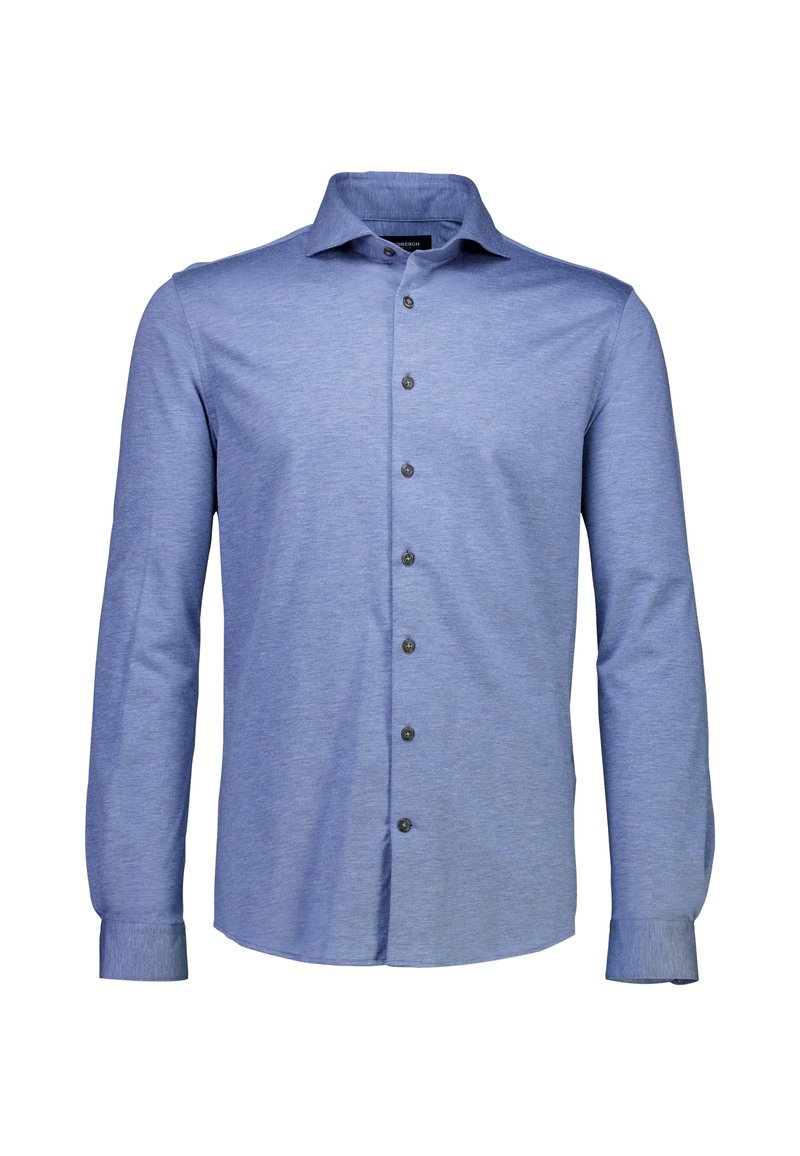 Koszula na guziki z jasnoniebieskiego materiału, z kołnierzem typu spread, długimi rękawami i sześcioma ciemnymi guzikami z przodu. Prosty wzór.