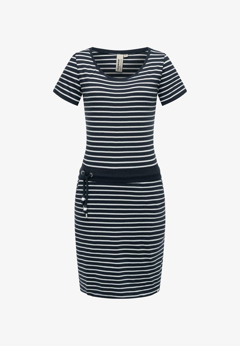 Vestido de manga corta a rayas en navy y blanco, con cuello redondo y cintura regulable. El material parece suave y tiene una silueta ajustada.