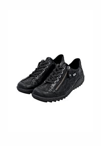 Baskets noires en cuir texturé avec un motif crocodile, dotées d'une fermeture éclair sur le côté, d'un bout rond et d'une semelle en caoutchouc antidérapante.