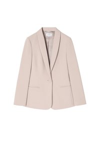 Vaalean beige-takkikangas, jossa on yksi nappi, viistetyt kaulukset, kaksi etutaskua ja sileä rakenne. Muotoiltu istuvuus pitkillä hihoilla.