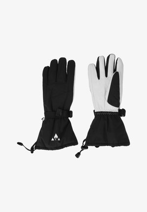 Zwart-witte geïsoleerde winterhandschoenen met verstelbare polsbanden en koordsluitingen op een witte achtergrond.