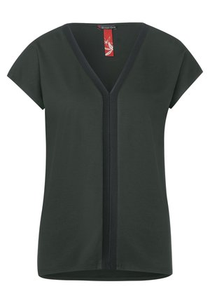 Haut court à manches courtes vert foncé avec un décolleté en V et une bordure en maille texturée au centre. Fabriqué en matériau doux et léger.