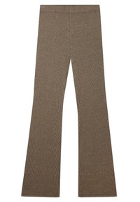 Pantalons évasés à motif marron en tissu extensible, avec une taille haute et un subtil motif pied-de-poule texturé sur toute la surface.