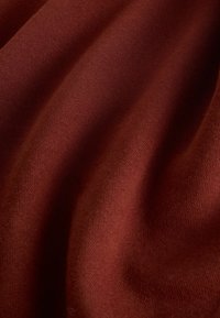 Tkanina w kolorze rdzy o gładkiej, miękkiej fakturze, z delikatnym układem fałd i subtelnym połyskiem. Brak widocznych wzorów lub elementów metalowych.