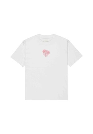 White cotton t-shirt featuring a pink heart-shaped floral graphic on the chest. Short sleeves, crew neck design, and a standard fit.