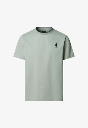 T-shirt da uomo a maniche corte di colore verde chiaro con scollo rotondo e piccolo logo "4 Hackett" blu scuro sul lato sinistro del petto.