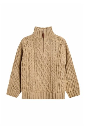 Beige gestrickter Pullover mit hohem Rippenkragen, halbem Reißverschluss und komplizierten Zopfmustern auf der Vorderseite und den Ärmeln.