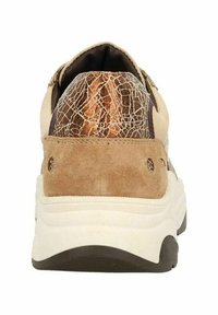 Beige sneaker with brown suede and cracked leather accents. Thick white sole with black bottom, featuring perforations on the sides.