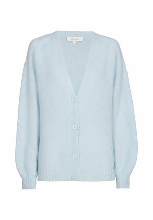 Lichtblauwe gebreide cardigan met V-hals, lange mouwen, geribbelde boorden en zoom, en vier knopen aan de voorkant in het midden.