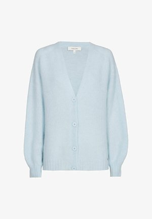 Lichtblauwe gebreide cardigan met V-hals, lange mouwen, geribbelde boorden en zoom, en vier knopen aan de voorkant in het midden.