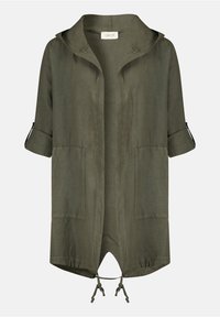 Světle olivově zelená lehká bunda s kapucí, ohrnutými rukávy, dvěma předními kapsami a nastavitelným stahováním na spodním okraji. Hladká textura podobná lnu.