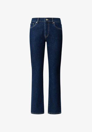 Dark blue denim jeans with a straight leg design, five pockets, and a central button closure. Features contrasting yellow stitching.