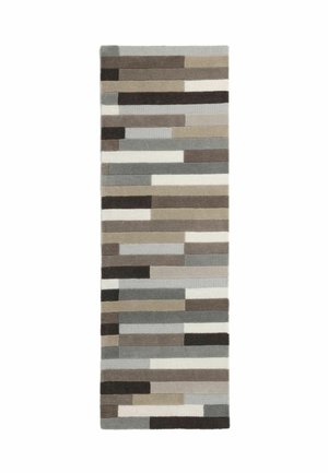 Rectangular rug with horizontal rectangular blocks in varying shades of brown, gray, beige, black, and white arranged in a staggered pattern.