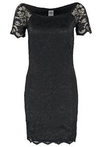 Černé krajkové šaty s krátkými rukávy, zdobené květinovým vzorem a přiléhavým střihem, s texturovanou krajkovou vrstvou a klikatým lemem.