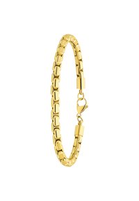 Gouden metalen armband met onderling verbonden rechthoekige schakels en een karabijnsluiting. Gladde oppervlak met een glanzende afwerking.