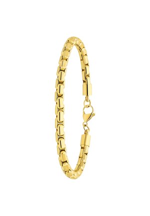 Gold-tone metal bracelet featuring interlocking rectangular links and a lobster clasp closure. Smooth surface with a shiny finish.