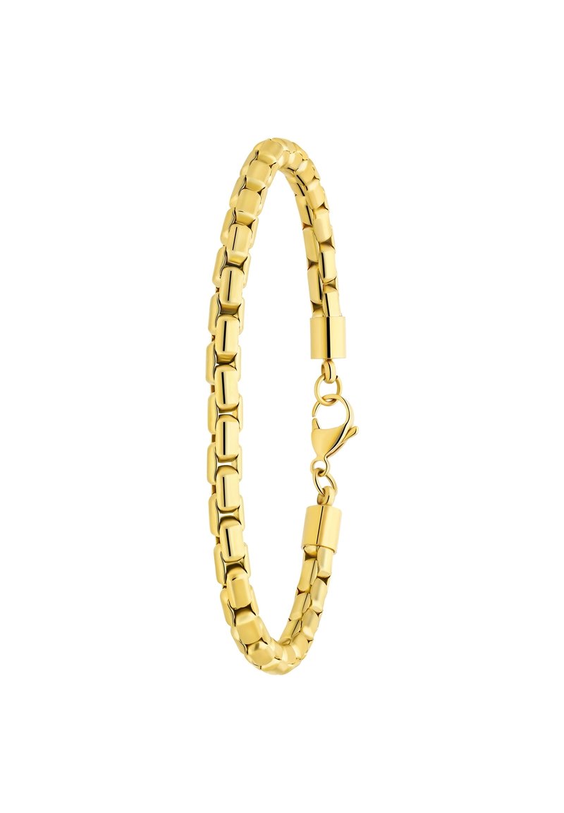 Gouden metalen armband met onderling verbonden rechthoekige schakels en een karabijnsluiting. Gladde oppervlak met een glanzende afwerking.