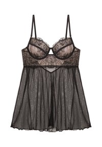 Svart spetslingerie med genomskinlig tyg, underwirekoppar, blommig broderi och justerbara band. Urtalad design med en flödande fåll.