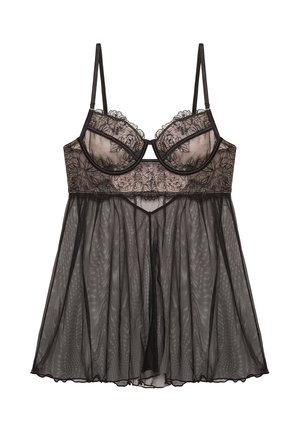 Lingerie in pizzo nero con tessuto trasparente, coppe con ferretto, ricami floreali e spalline regolabili. Design svasato con un orlo fluente.