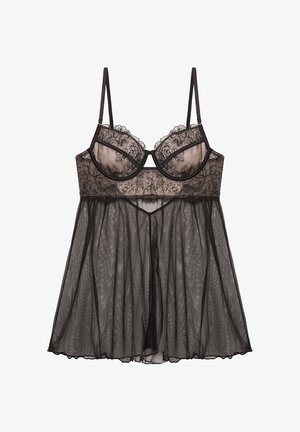 Zwart kanten lingerie met doorschijnende stof, onderbedekking met beugels, bloemenborduurwerk en verstelbare bandjes. Uitlopende ontwerp met een vloeiende zoom.
