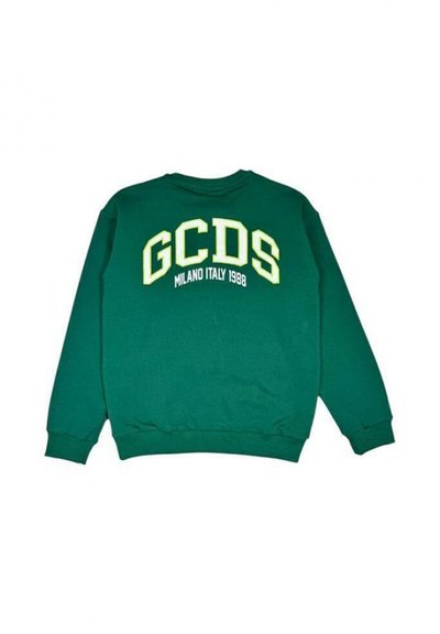 Felpa verde con la scritta "GCDS MILANO ITALY 1988" in bianco e giallo. Realizzata in materiale morbido con polsini e orlo a costine.
