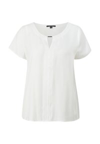 Blouse blanche à manches courtes avec un col rond et une petite fente sur le devant, réalisée en tissu léger.