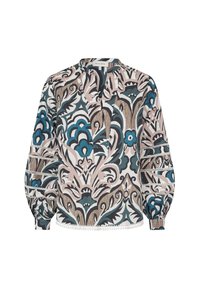 Bunt gemusterte Bluse mit langen Ärmeln in floralen Motiven, die Blau-, Braun- und Cremetöne enthält. Mit elastischen Bündchen und einem runden Ausschnitt.