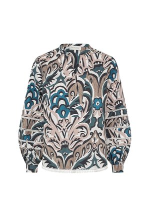 Bunt gemusterte Bluse mit langen Ärmeln in floralen Motiven, die Blau-, Braun- und Cremetöne enthält. Mit elastischen Bündchen und einem runden Ausschnitt.