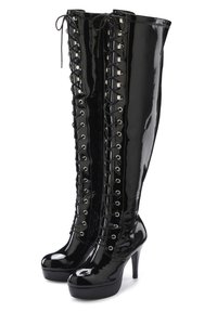 High-heeled thigh-high boots in glossy black patent leather with lace-up front and silver eyelets, featuring a platform sole for added height.